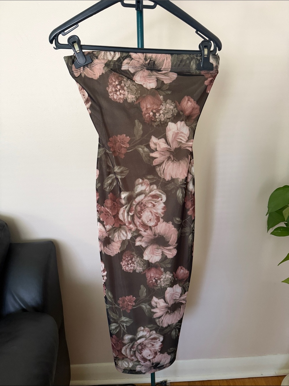Floral Bodycon Midi Skirt in Brown and Dusty Rose